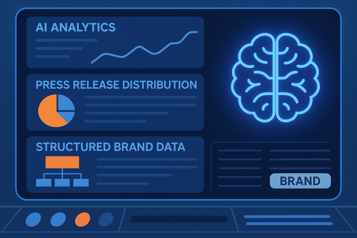 Futuristic dashboard visualizing how to improve brand visibility in ChatGPT responses with AI analytics, press release distribution, and structured brand data.