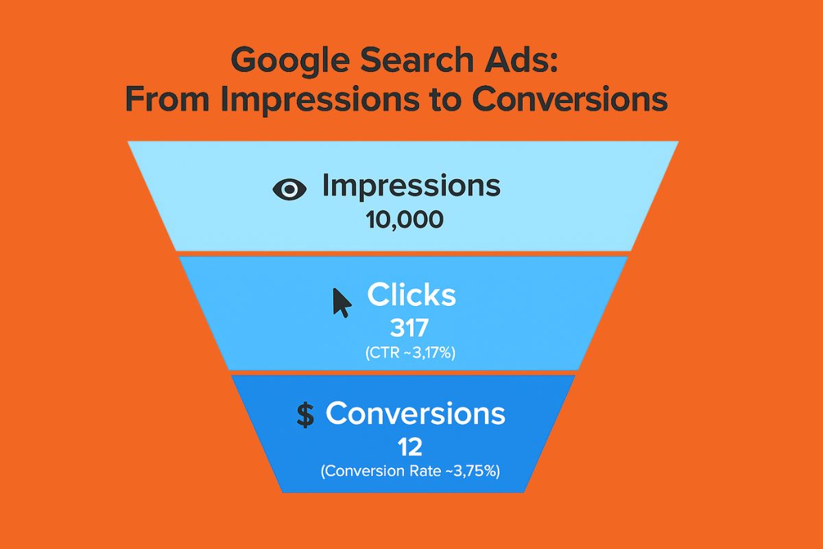 Funnel chart showing the key value proposition of Google Search campaigns by tracking impressions, clicks, and conversions, highlighting real CTR and conversion benchmarks.