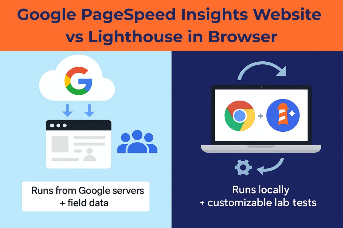Google PageSpeed Insights website versus Lighthouse in browser comparison graphic showing server-based testing with field data versus local customizable lab tests.