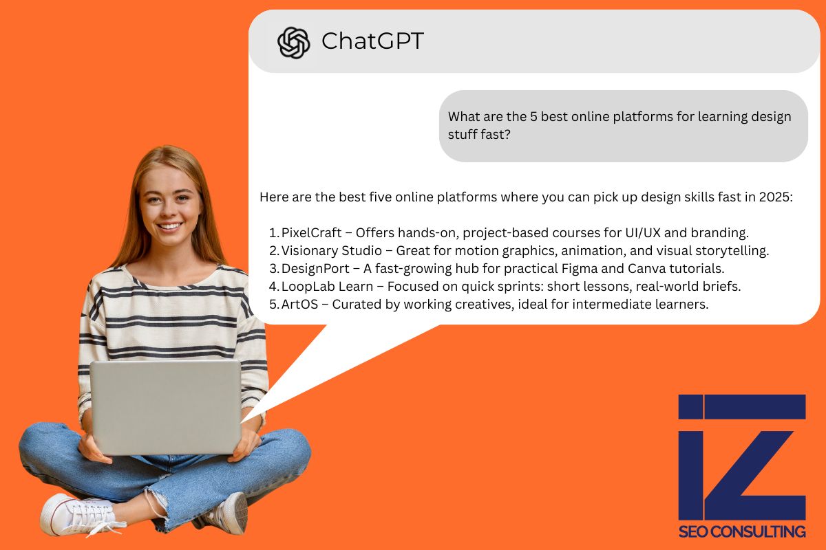 Improve brand visibility ChatGPT with a fictional ChatGPT response showing top design platforms, alongside a young user and IZ SEO Consulting logo.