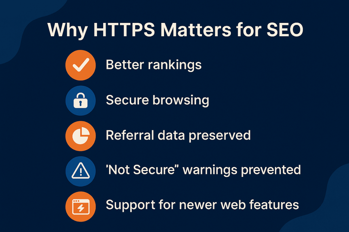 A visual showcasing 5 key areas where HTTPS positively impacts SEO in contrast to HTTP.